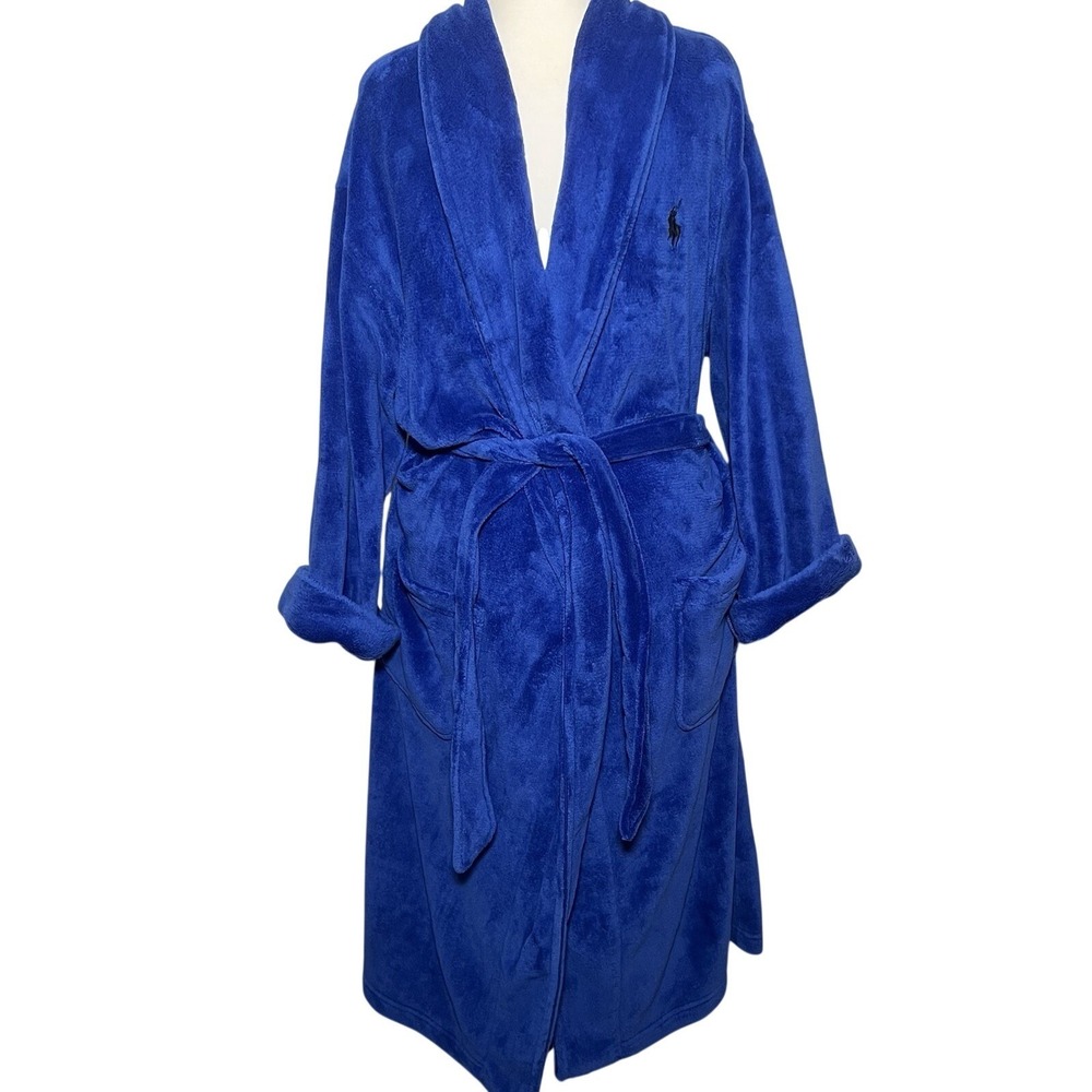 Polo Ralph Lauren Mens Bath Robe L/XL Blue Plush Fleece Belted‎ Luxury Designer